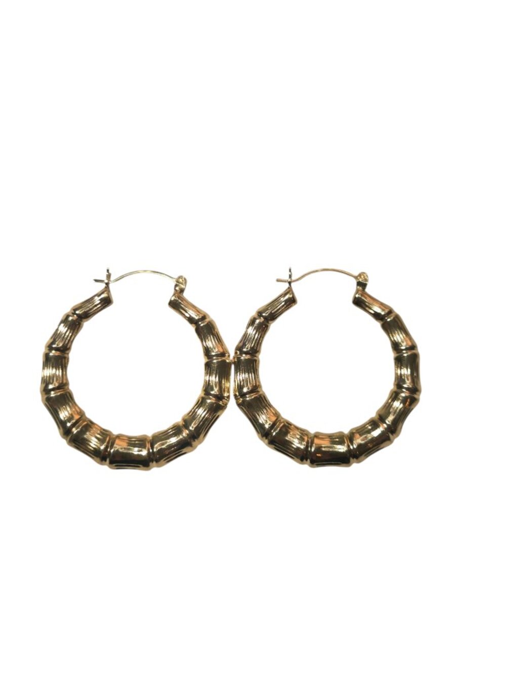 14K Yellow Gold Bamboo Style Hoop Earrings #25580